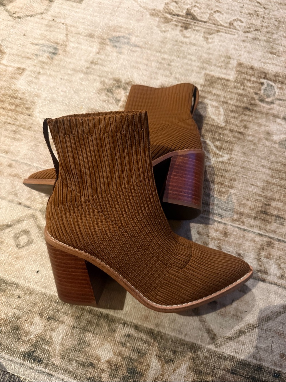 Women’s Brown Ribbed Knit Block Heel Booties